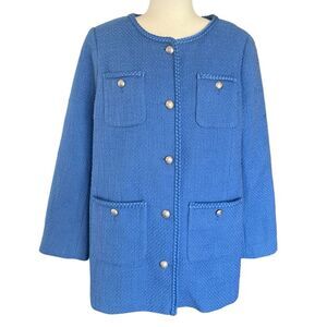 Talbots Tweed Topper Coat Blue Braided Trim Preppy Lightweight Womens 14 Petite